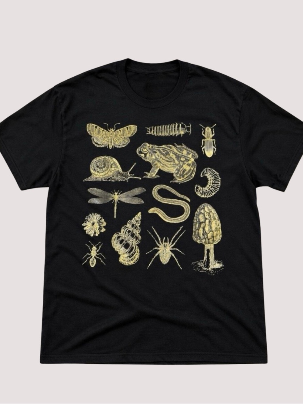 Black Critter Graphic Tee with Yellow Nature Illustrations